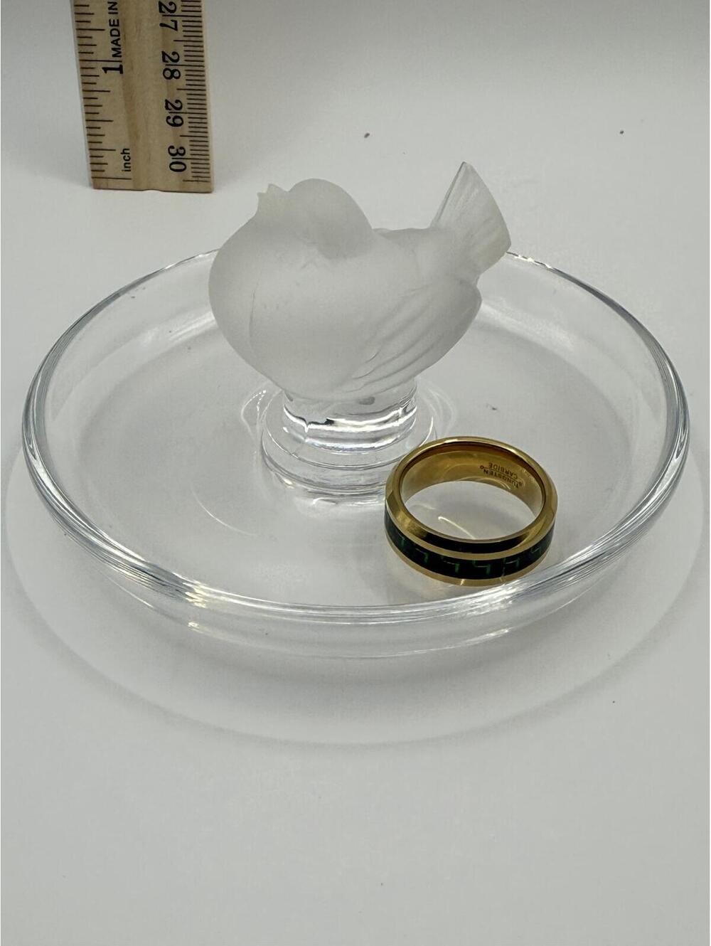 Lalique France Frosted Crystal Sparrow Bird Ring Dish Trinket Tray Signed